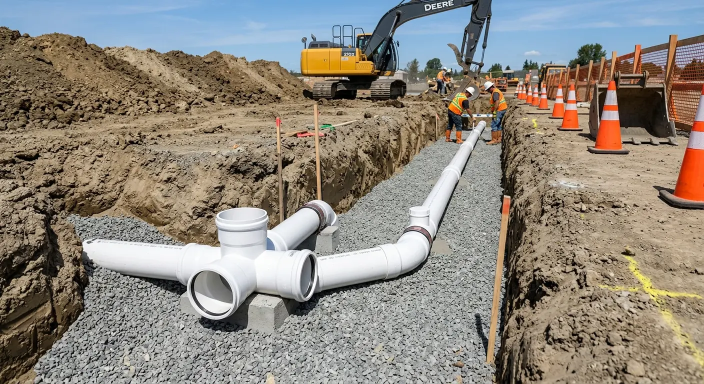 New PVC sewer pipe installation in open trench for Sewer Backup in Mount Dora