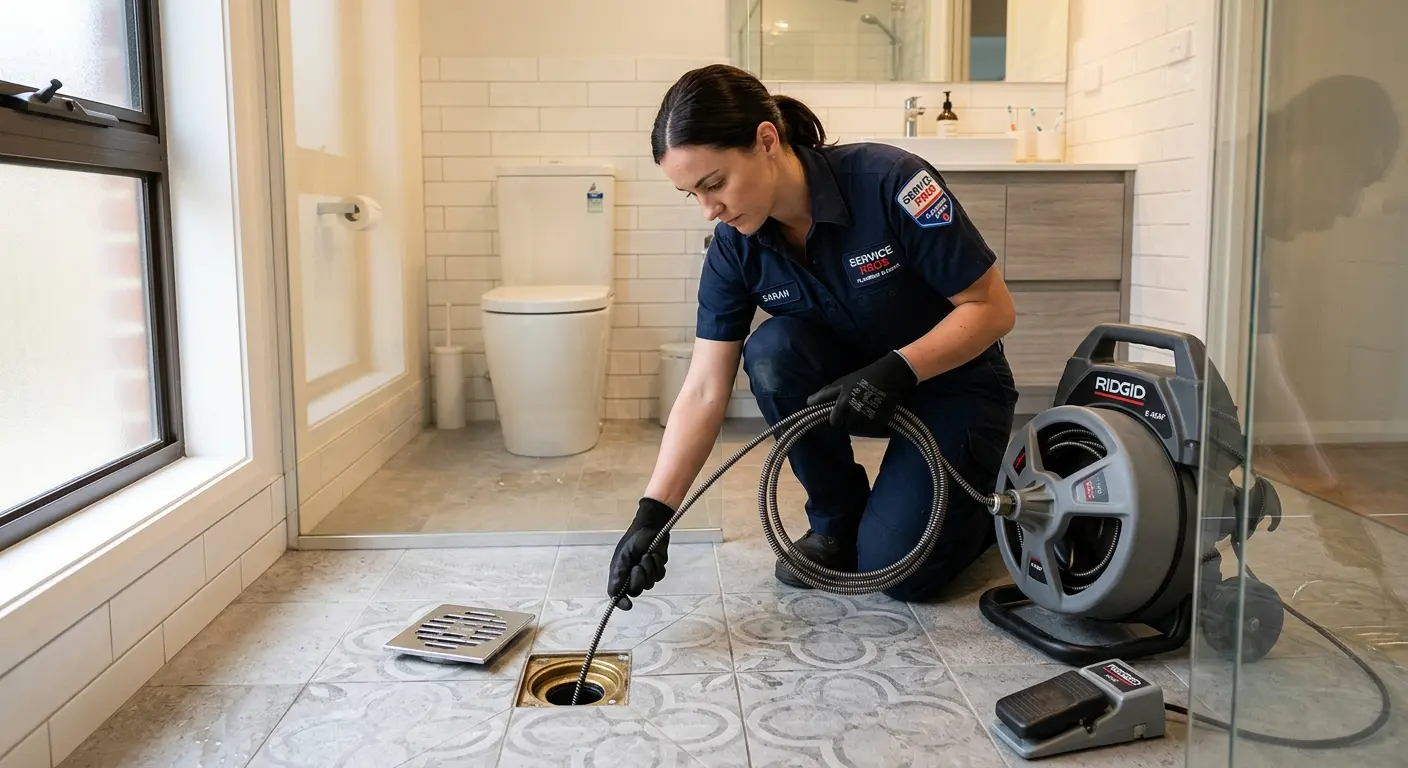 Technician clearing a bathroom floor drain for Drain Cleaning in Mount Dora